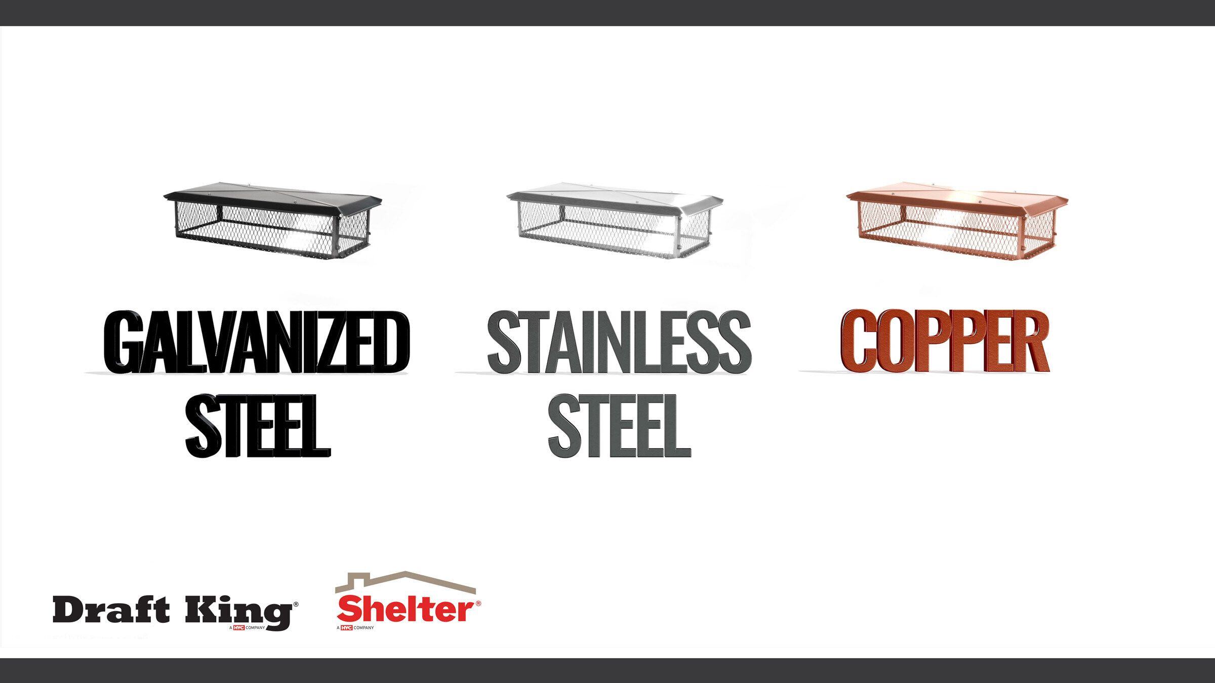A thumbnail image displaying galvanized steel chimney cap, a stainless steel chimney cap, and a copper chimney cap. Each cap is labeled.
