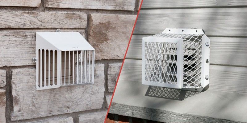 On the left is a steel dryer vent cover with vertical bars. On the right is a steel dryer vent cover with wire mesh. Both are installed on homes.