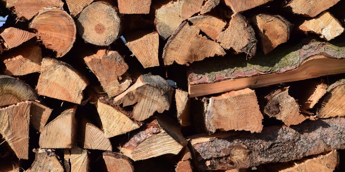 A close-up of a stack of seasoned firewood