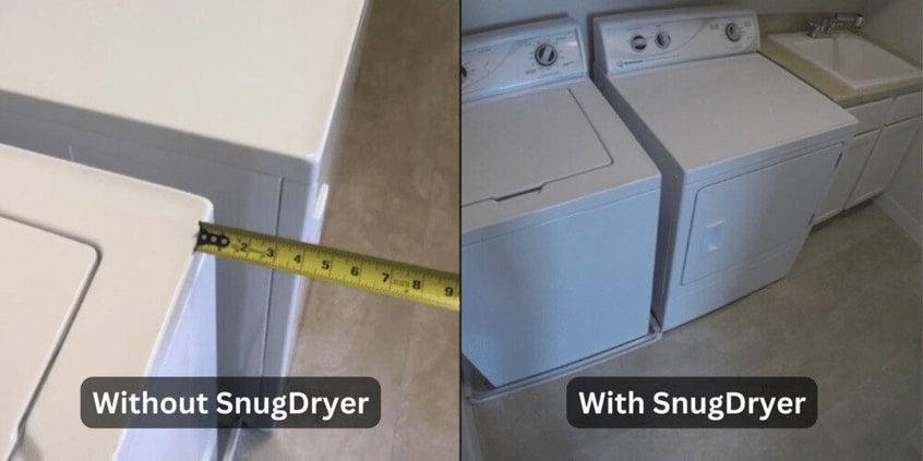 Two side-by-side images comparing the amount of space saved in a laundry room by using a SnugDryer dryer vent connection kit.