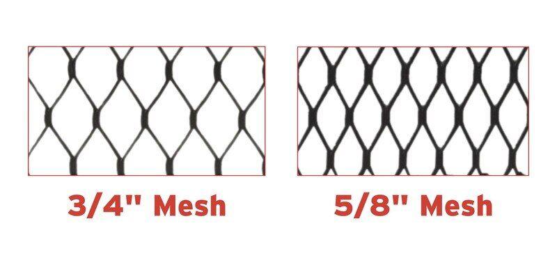 A side-by-side comparison of three-fourth-inch black galvanized steel chimney cap mesh and five-eighths-inch black galvanized steel chimney cap mesh.