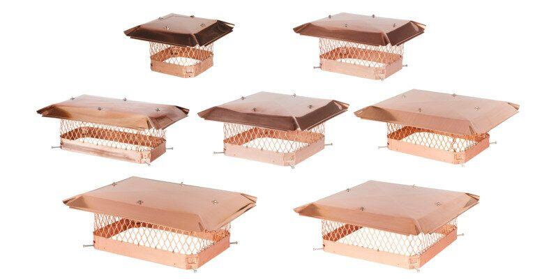 Thumbnail images of all 7 Draft King Single Flue Copper Chimney Cap sizes shown against a white background.