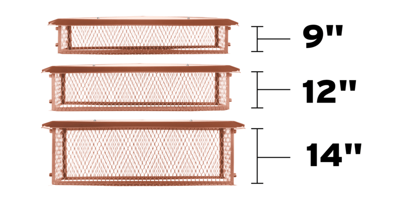 A diagram showing the nine-inch, twelve-inch, and fourteen-inch heights of the Draft King series of multi-flue copper chimney caps.