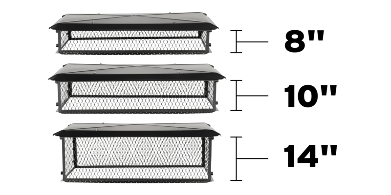 An 8-inch, 10-inch, and 14-inch Draft King BigTop Galvanized Steel Multi-Flue Chimney Cap with labels showing each cap's height.