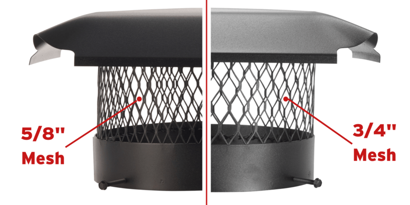 Two chimney caps. One half has a round Draft King chimney cap with five-eights-inch mesh. The other half is the same cap with three-eighths-inch mesh.