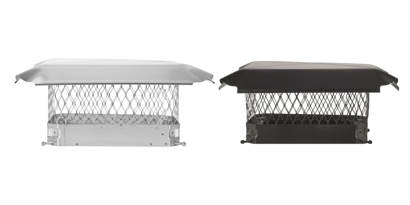 On the left is an unpainted stainless steel Draft King chimney cap. On the right is a black powder coat painted stainless steel Draft King chimney cap