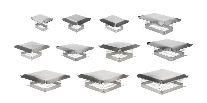 Thumbnail images of all 11 sizes of stainless steel Draft King chimney caps displayed against a white background.