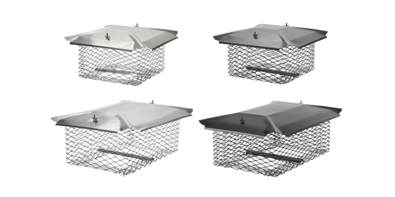 Four Draft King Universal Chimney Caps: two galvanized steel models and two stainless steel models each in 13-inch by 13-inch and 13-inch by 20-inch.