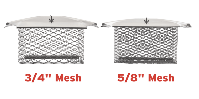 A comparison showing the size difference between a Draft King Universal Chimney cap with three-fourths-inch mesh and five-eights-inch mesh,