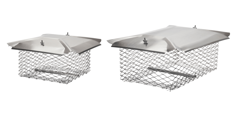 A 13-inch by 13-inch stainless steel Draft King Universal Chimney Cap next to a 13-inch by 20-inch stainless steel Draft King Universal Chimney Cap.