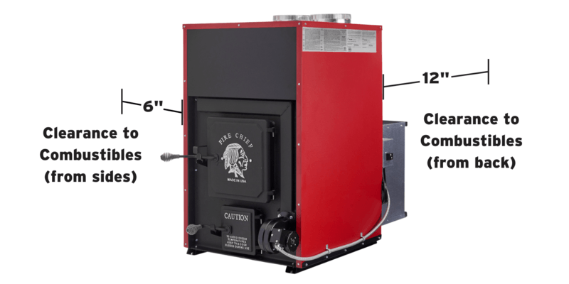 A Fire Chief FC1000E Wood Burning Furnace against a white background. The clearances to combustibles of the furnace are labeled.