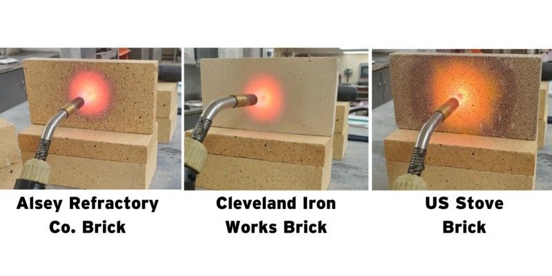 An Alsey firebrick, Cleveland Iron Works firebrick, and US Stove fire brick all being heated up-close by a handheld propane torch.