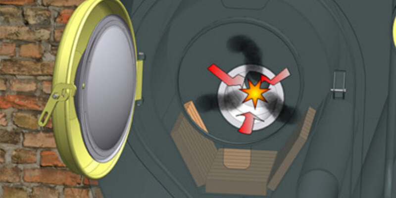 A computer-generated closeup of the front of a GARN GN2000 wood boiler. The combustion door is open, and the diagram shows the gasification process.