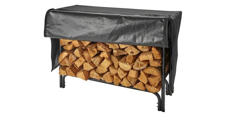 A Shelter firewood rack filled with firewood. There is a cover on top of the rack, but its sides are left uncovered.