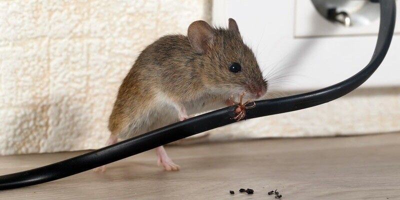 A mouse chewing on an electrical wire that is plugged into a socket. There are frayed wires and a bit of mouse poop on the floor.