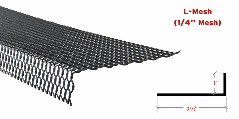 A closeup of the side profile of HY-GUARD EXCLUSION's L-Mesh Pest Armor. A drawing in the bottom-right corner shows the product's dimensions.