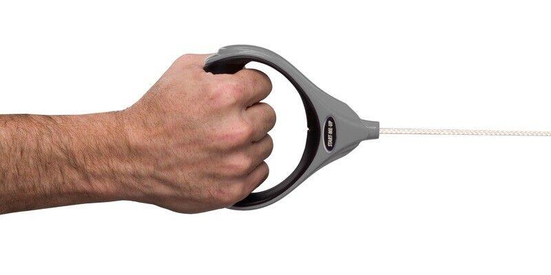 A hand (shown from the wrist down) gripping a Good Vibrations Start Me Up Lawn Mower Pull Cord Replacement Handle against a white background.