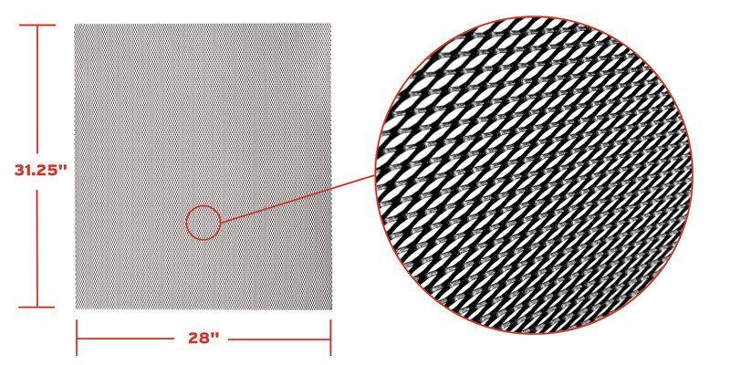 A HY-GUARD EXCLUSION tight mesh panel. There are labels showing the length and width of the panel, as well as a magnification of the mesh size.