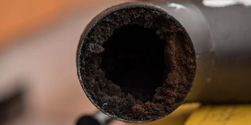 A close-up of a removed section of chimney pipe that's filled almost entirely with creosote.