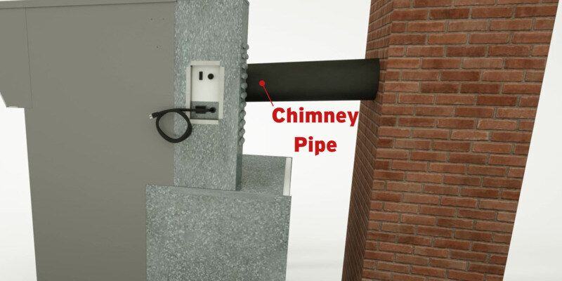 An animated image of a Shelter SF1000E Wood Burning Furnace connected to a brick chimney by way of a black chimney pipe.