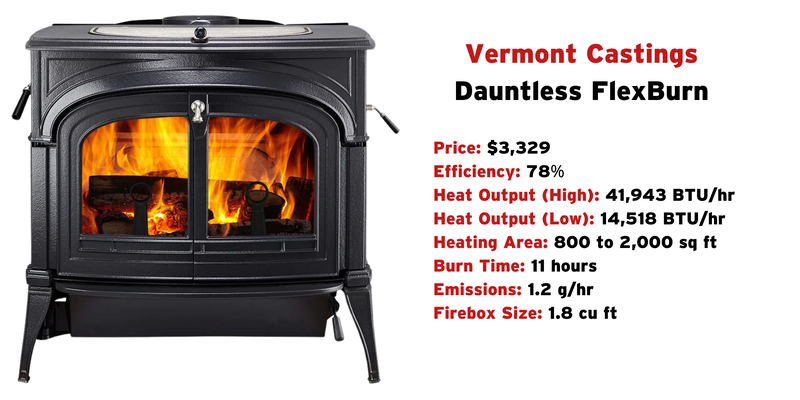 A Vermont Castings Dauntless FlexBurn wood stove against a white background with manufacturer's specifications listed next to the unit.