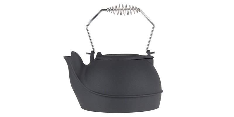 A profile view of a cast-iron wood kettle steamer displayed against a white background.