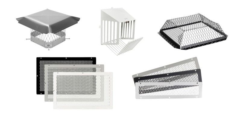 Thumbnail images of a chimney cap, a dryer vent cover, a roof vent guard, foundation vent covers, and soffit vent covers on a white background.