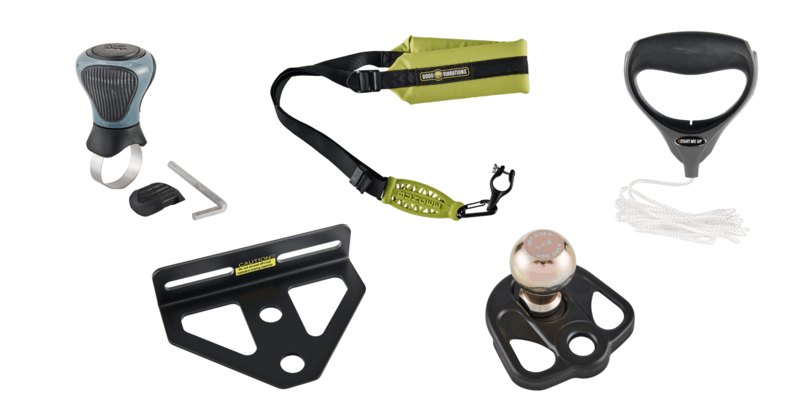 Thumbnails of a Good Vibrations steering knob, trimmer strap, replacement pull cord, zero-turn hitch, and hitch plate against a white background.