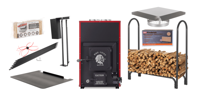 A Fire Chief FC1000E wood burning furnace surrounded by 7 accessories designed for the furnace.