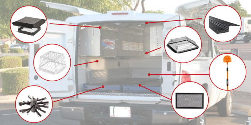 A semi-transparent image of a work truck. Around the truck are seven HY-C products in white circles.