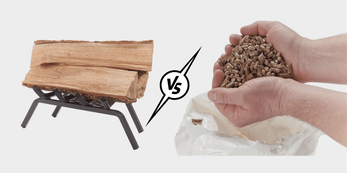 On the left is a rack loaded with firewood. On the right is a pair of hands holding a handful of wood heating pellets. A 