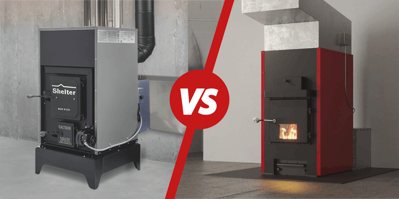 A Shelter SF1000E wood burning furnace and a US Stove Hot Blast HB1520 wood burning furnace side by side with a versus symbol between them.