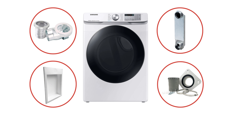 A dryer surrounded by four dryer venting solutions in red circles. The entire image is set on a white background.