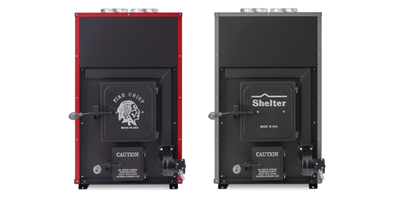 A Fire Chief FC1000E and a Shelter SF1000E wood burning furnace sitting side by side against a white background.