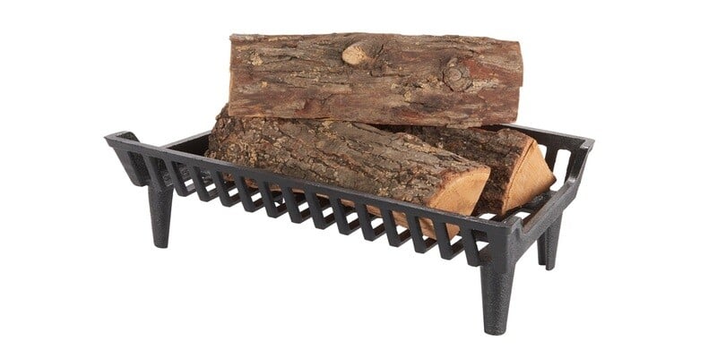 A cast iron fireplace grate with three split logs sitting on top of it. The grate and logs are displayed against a white background.