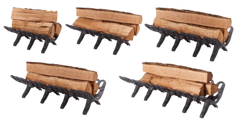 All five of the Liberty Foundry Co. G500 Series fireplace grates angled and loaded with firewood against a white background.