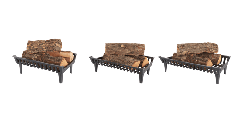 Each grate in the G800 Series of fireplace grates filled with firewood and displayed against a white background.