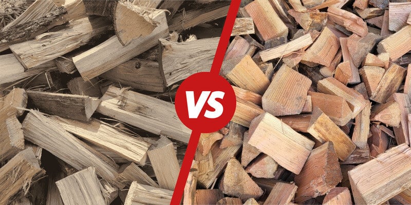 On the left is split oak wood. On the right is split pine wood. They are separated by a slanted red line with a red circle with a white versus symbol in the middle.