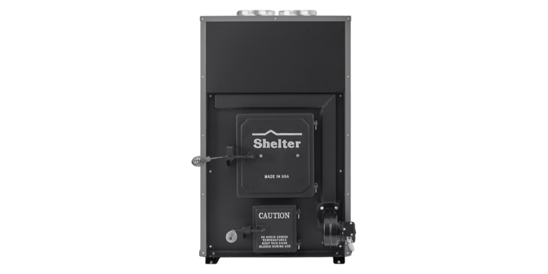 A straight-on shot of a Shelter SF1000E Wood Burning Furnace against a white background.