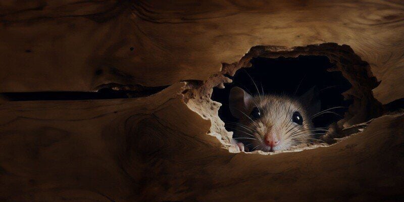 A rat peeking through a hole that it chewed in some wood panels.