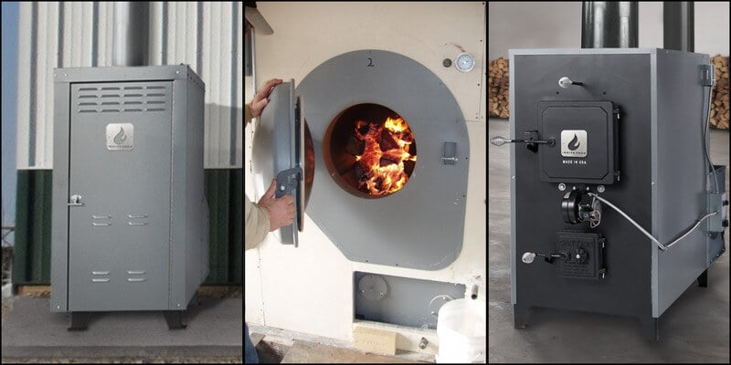 From left to right: the Ignite Tech HD90X Outdoor Wood Furnace, the GARN wood boiler, and the Ignite Tech HD80 Indoor Wood Furnace.