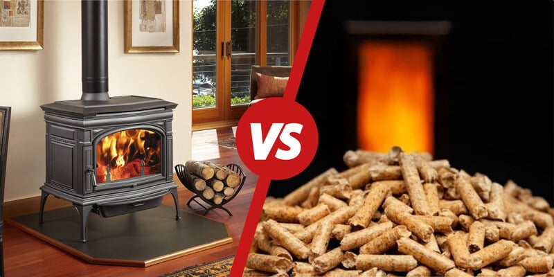 One the left is a wood stove installed in a home. On the right is a closeup of some wood pellets with a burning fire in the background.