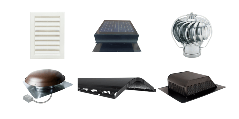 Six types of roof vents on a white background: a gable vent, a solar-powered vent, a turbine vent, a powered vent, a ridge vent, and a box vent.