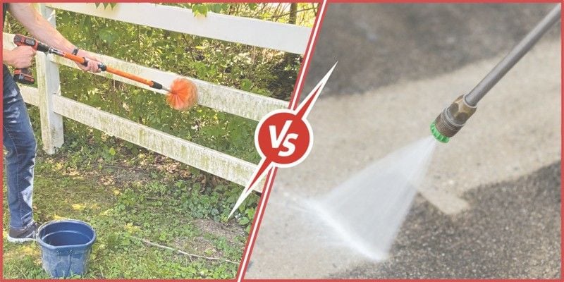 On the left is a man using a SpinAway rotary cleaning brush to clean moss off of a white fence. On the right is the nozzle of a pressure washer.