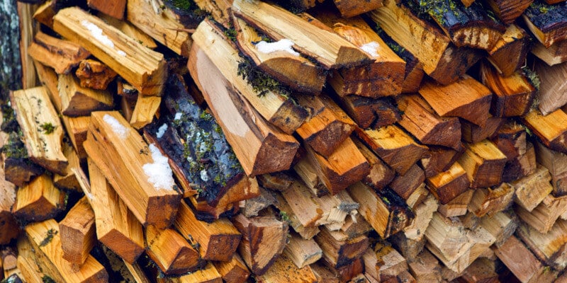 A pile of sopping wet firewood. Snow can be seen on some of the logs.