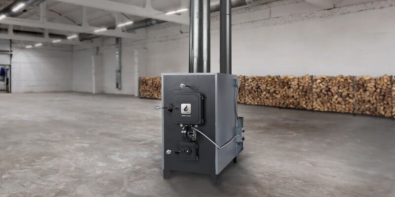 An Ignite Tech commercial wood-burning furnace installed in an empty warehouse. The chimney and ductwork connection of the furnace are visible. A few cords of wood on firewood racks can be seen in the background.