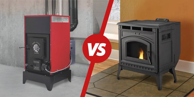 On the left is a Fire Chief FC1000E wood furnace. On the right is a pellet stove. A red line with a 