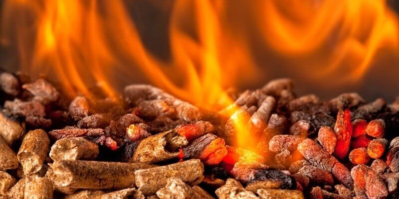 A closeup shot of wood pellet fuel burning. The pellets in the foreground are still fresh, while those in the background are mid-burn.